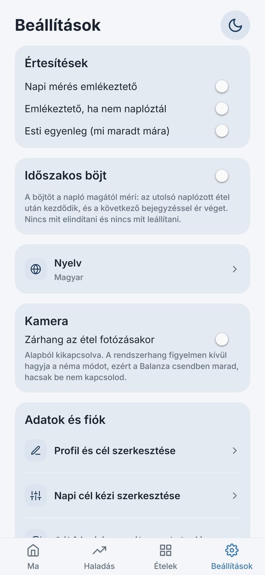 A Balanza Beállítások képernyője: értesítések, időszakos böjt, nyelv, kamera, adatok és fiók