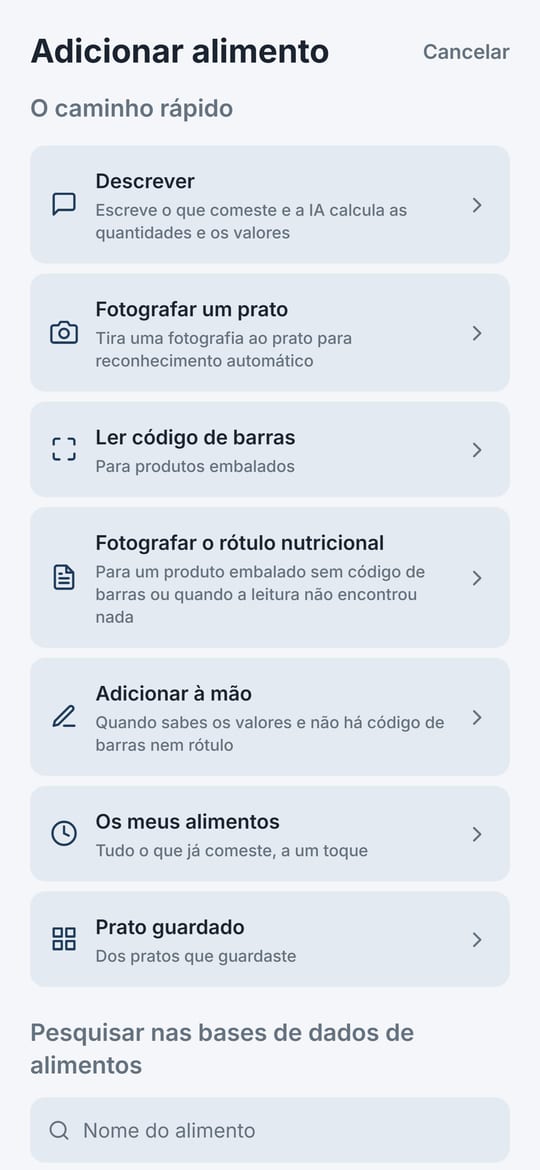 Ecrã Adicionar alimento da Balanza: Descrever, Fotografar um prato, Ler código de barras, Fotografar o rótulo nutricional, Adicionar à mão, Os meus alimentos e Prato guardado