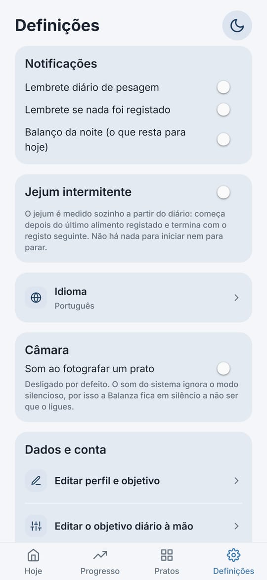 Ecrã Definições da Balanza: notificações, jejum intermitente, idioma, câmara e dados e conta