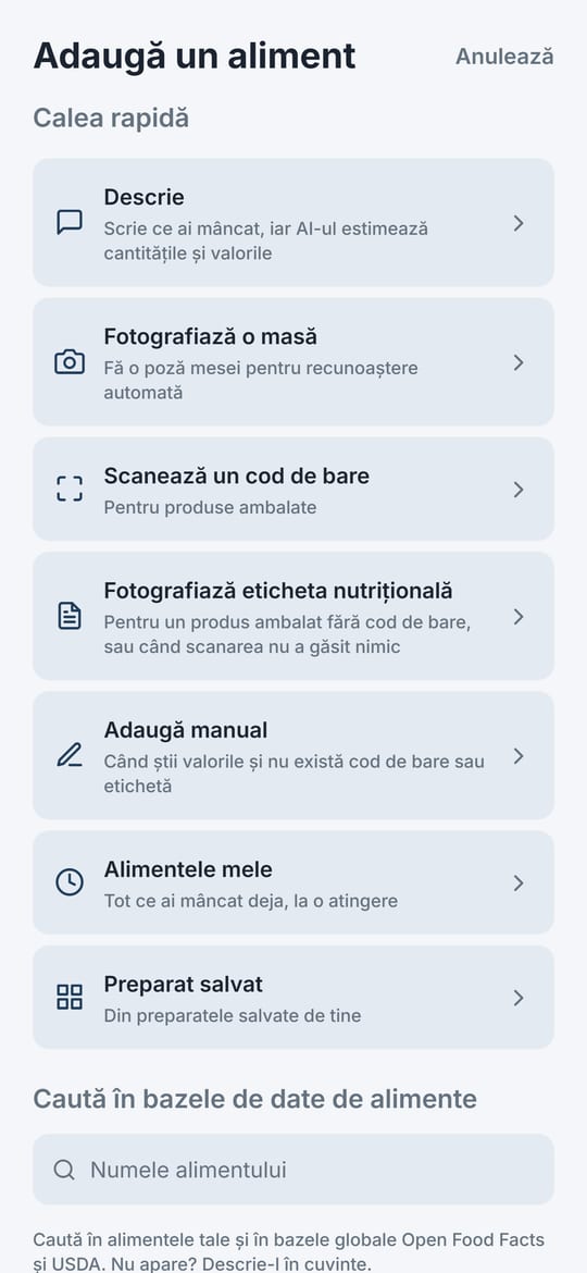 Ecranul Adaugă un aliment din Balanza: Descrie, Fotografiază o masă, Scanează un cod de bare, Fotografiază eticheta nutrițională, Adaugă manual, Alimentele mele și Preparat salvat