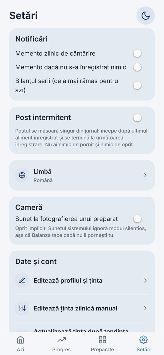 Ecranul Setări din Balanza: notificări, post intermitent, limbă, cameră și date și cont