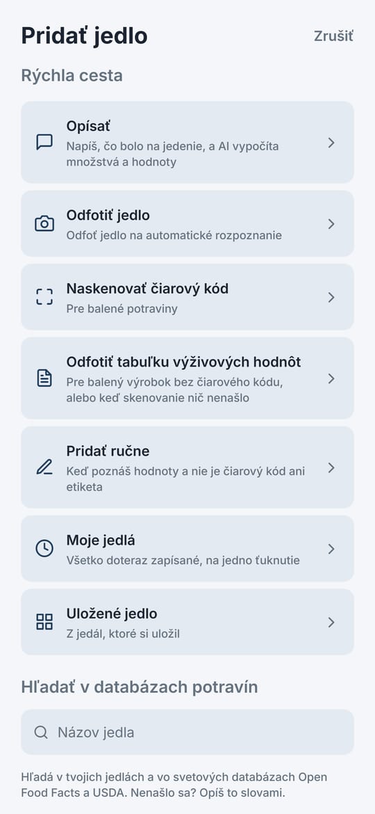 Obrazovka Pridať jedlo v Balanze: Opísať, Odfotiť jedlo, Naskenovať čiarový kód, Odfotiť tabuľku výživových hodnôt, Pridať ručne, Moje jedlá a Uložené jedlo