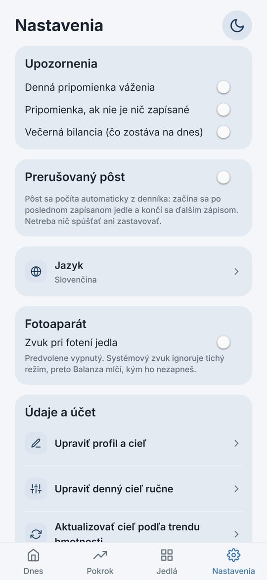 Obrazovka Nastavenia v Balanze: upozornenia, prerušovaný pôst, jazyk, fotoaparát a údaje a účet